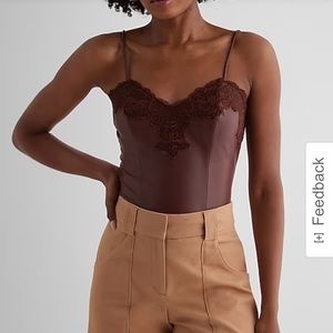 Express Brown Body Contour Faux Leather Lace Cropped Cami Top 🤩